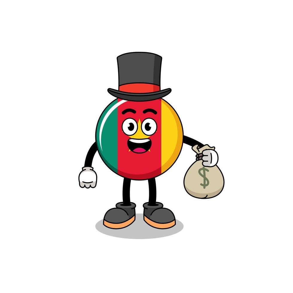 ilustración de la mascota de la bandera de camerún hombre rico que sostiene un saco de dinero vector