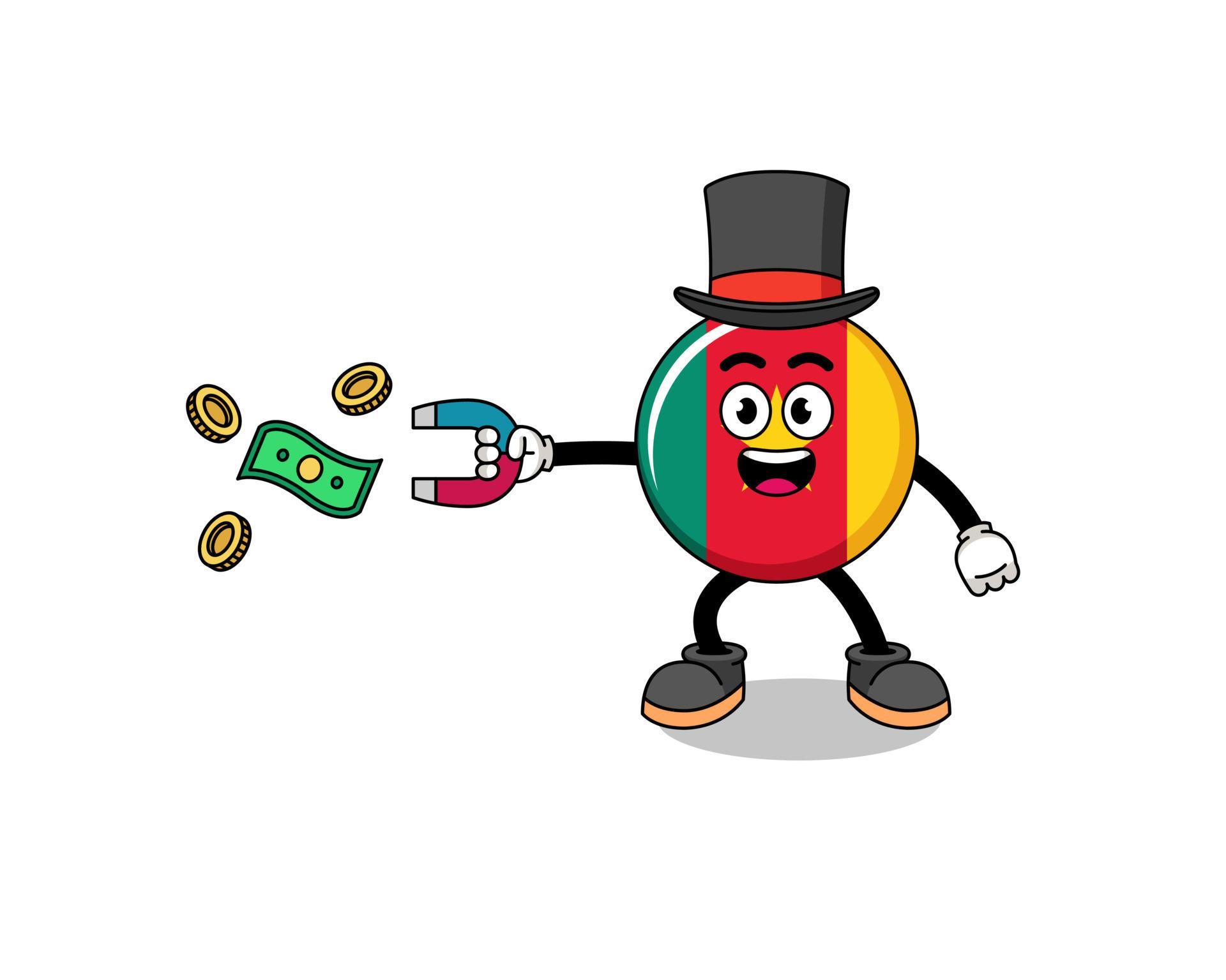 Character Illustration of cameroon flag catching money with a magnet