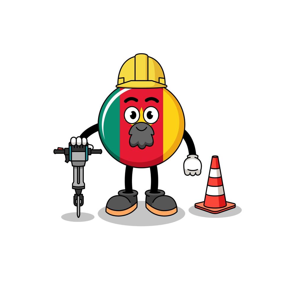 Character cartoon of cameroon flag working on road construction vector