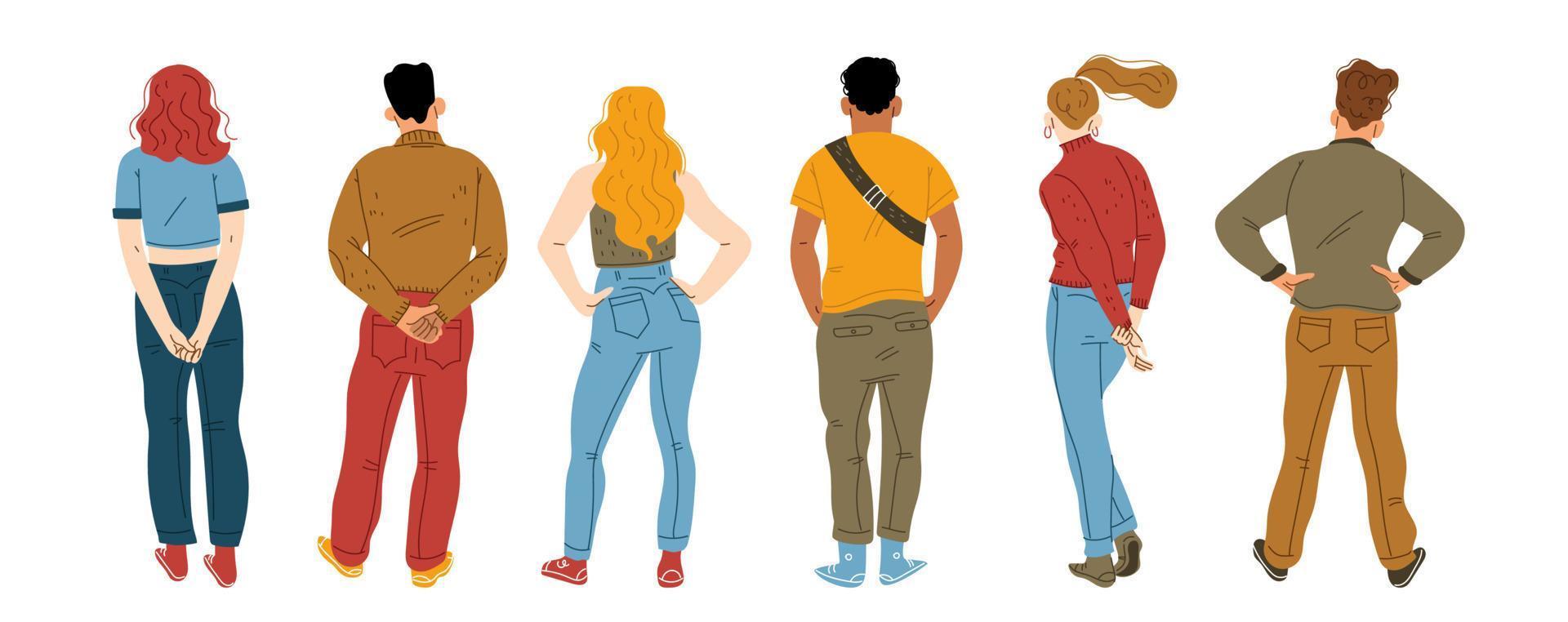 People from behind, male or female characters rear vector