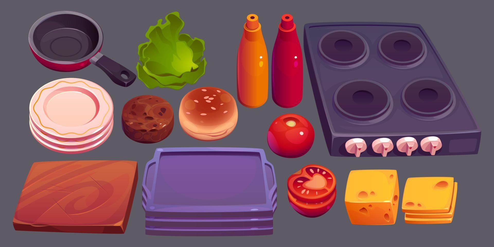 Burger ingredients and cooking supplies vector set