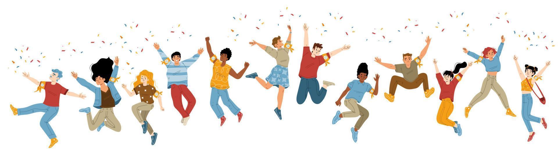 Happy people jump with raised arms, characters win vector