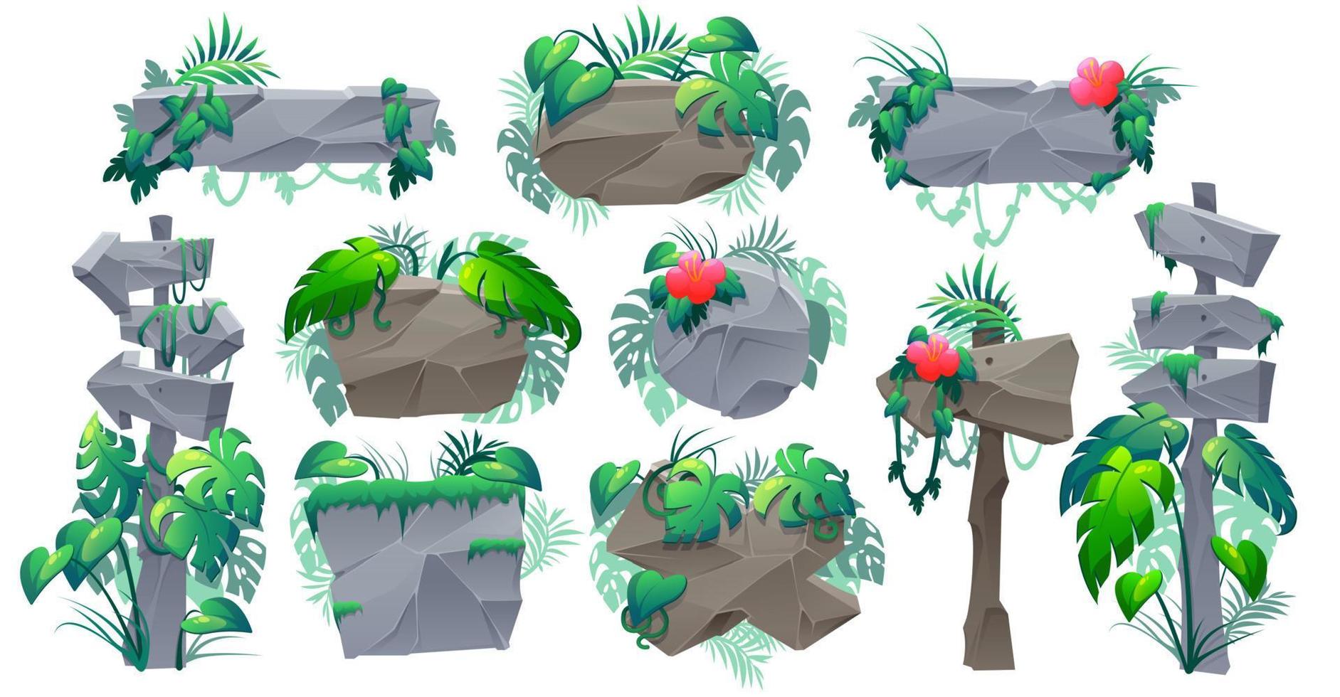 Stone signboards in jungle, pointers and panels vector