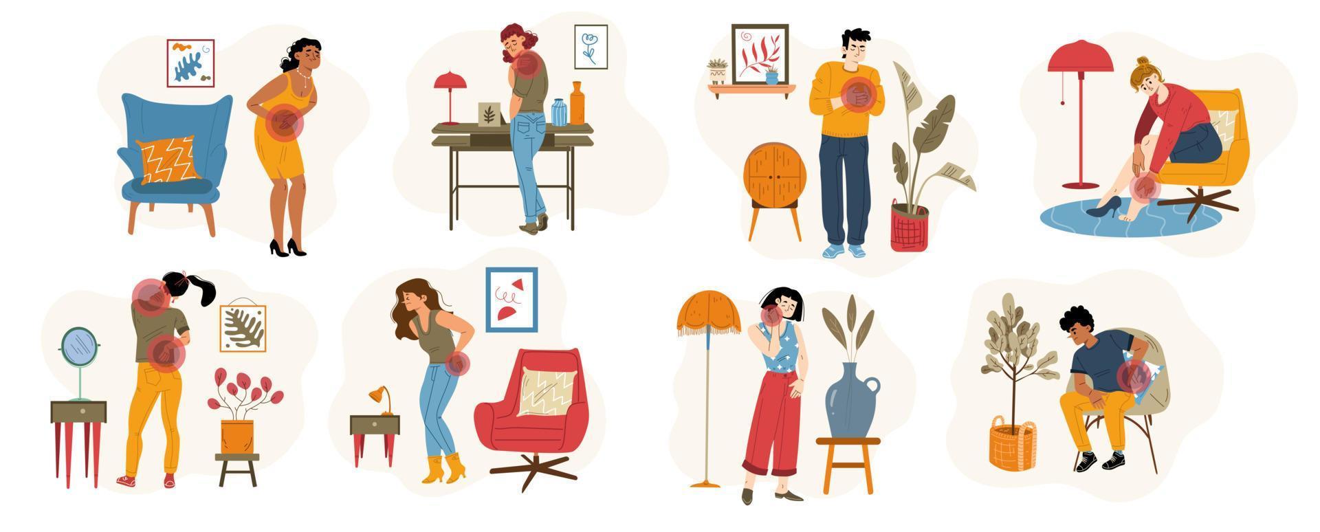 People feel pain, characters suffer of body ache vector