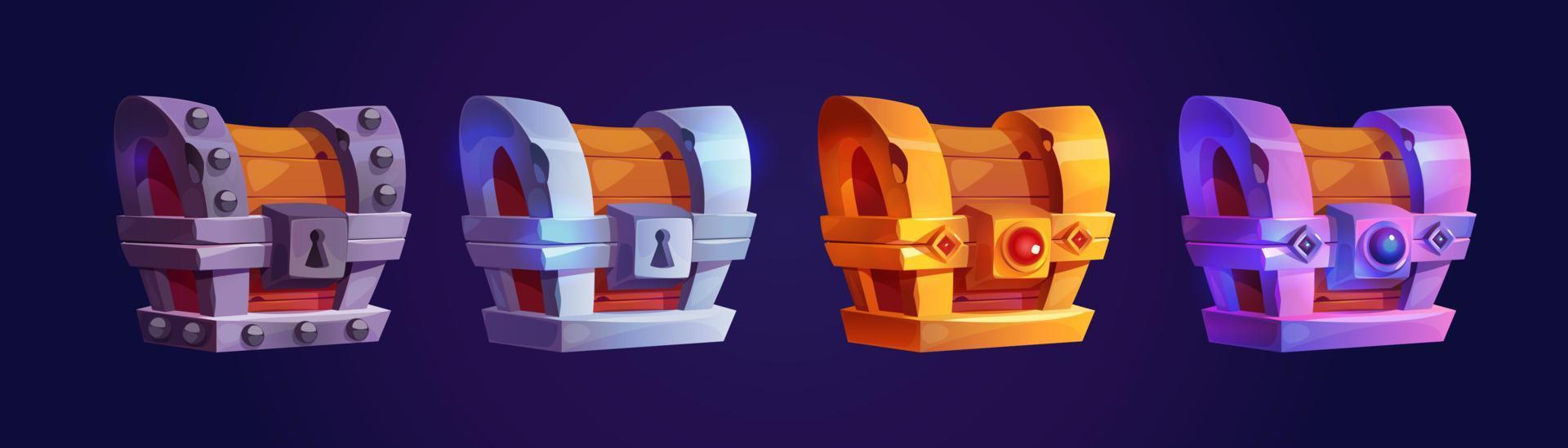 Treasure chests, game trunks, wooden boxes set vector