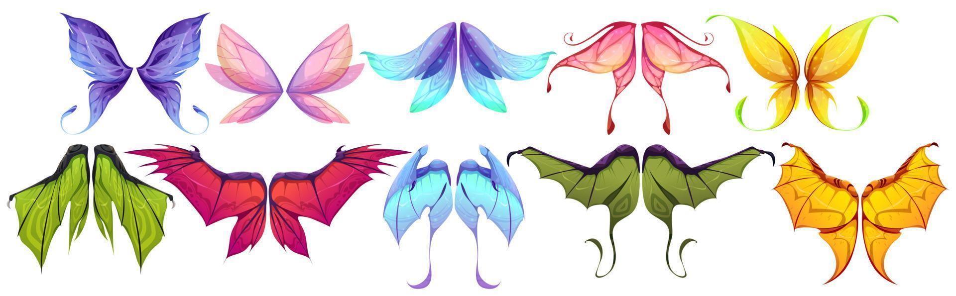 Wings of fairy, dragon or butterflies isolated set vector