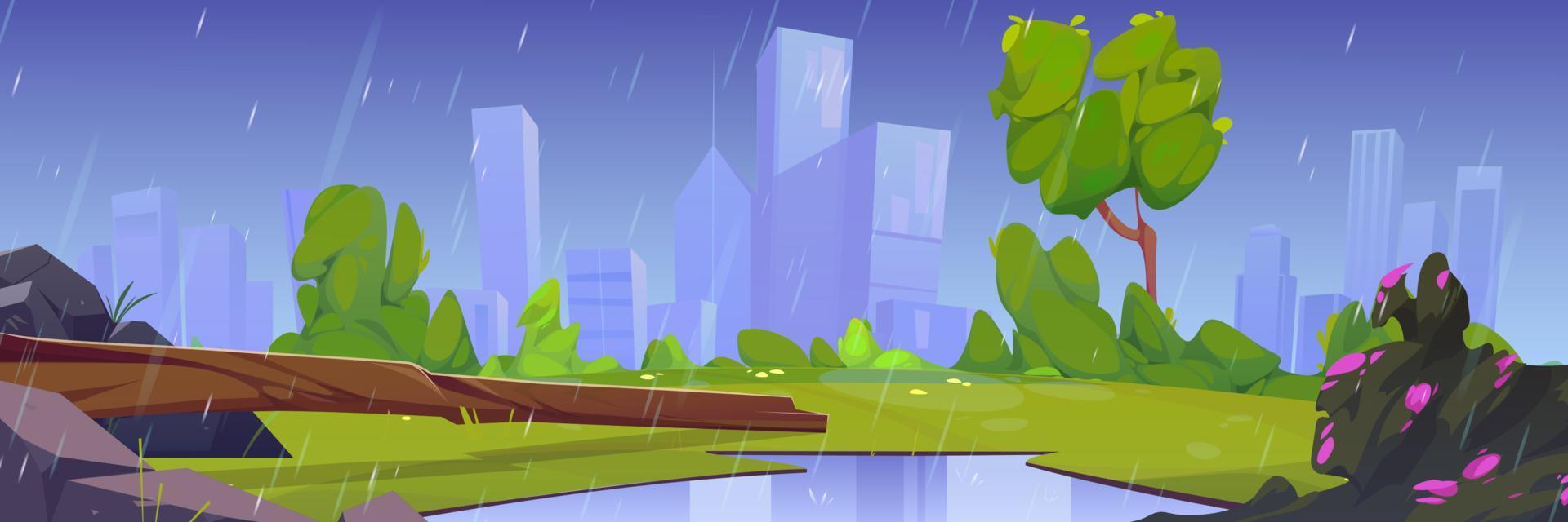 paisaje de parque de verano con césped bajo la lluvia vector