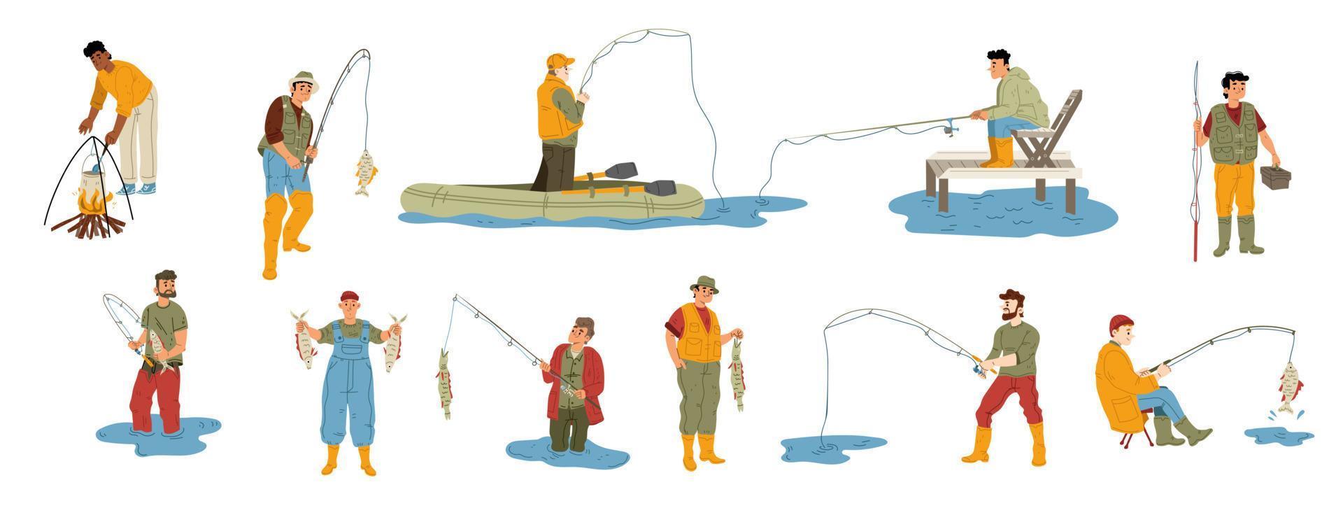 Hombres felices pesca conjunto aislado sobre fondo blanco. vector