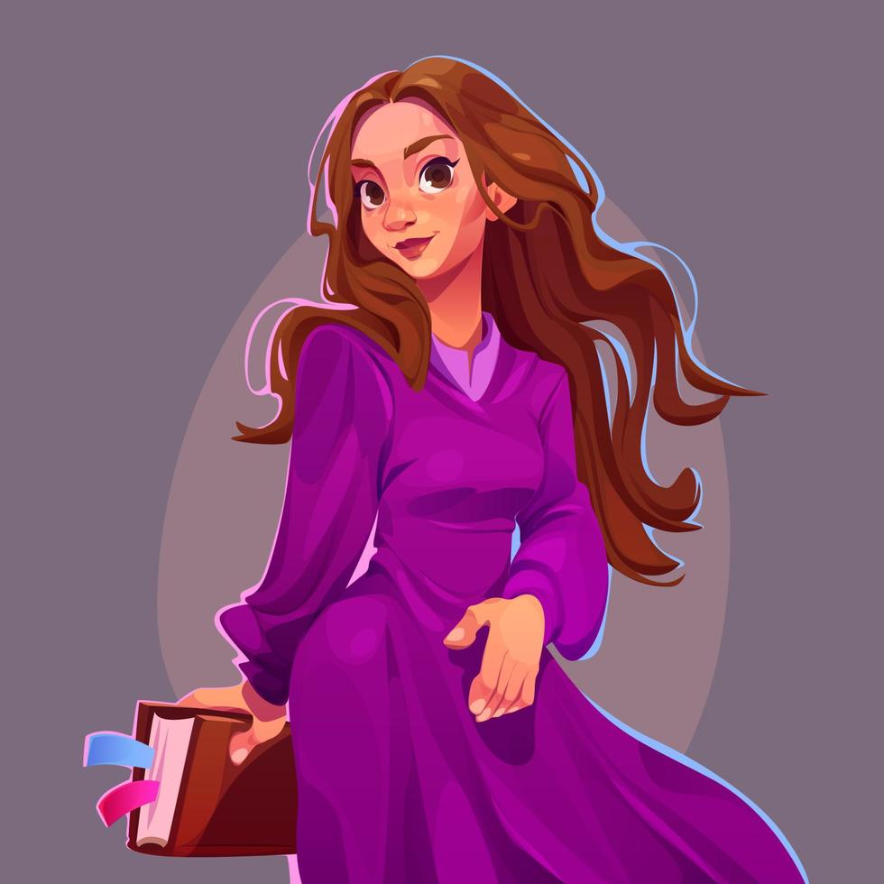 Attractive girl in purple dress with book vector