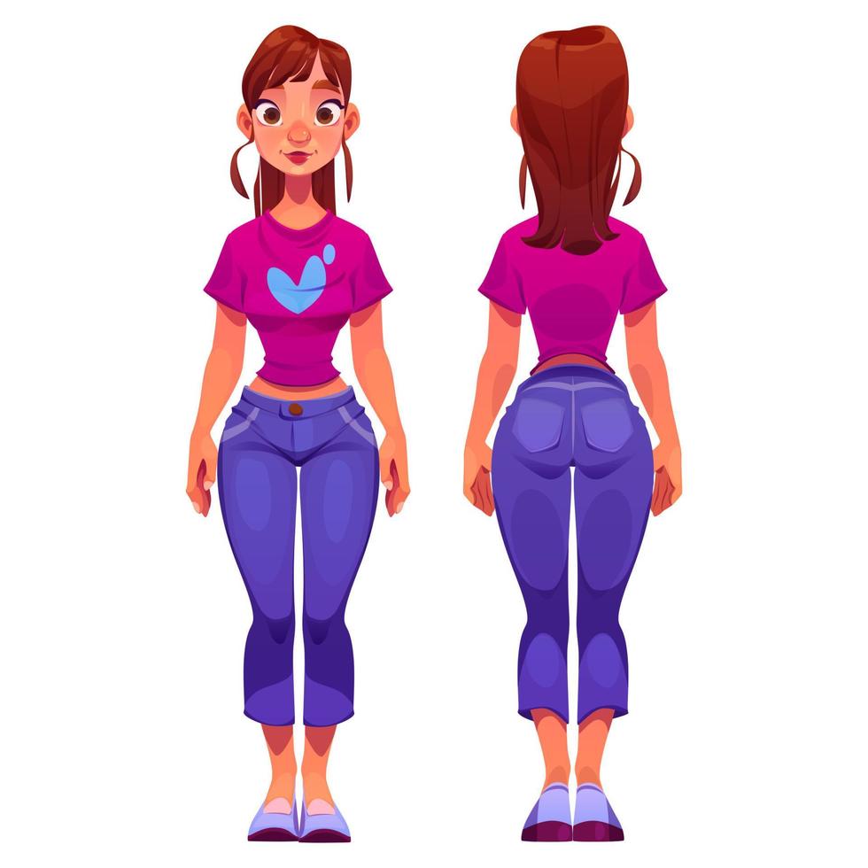 Standing young woman in front and back view vector