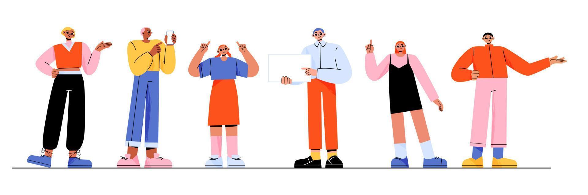 People pointing up and aside with finger and hand vector