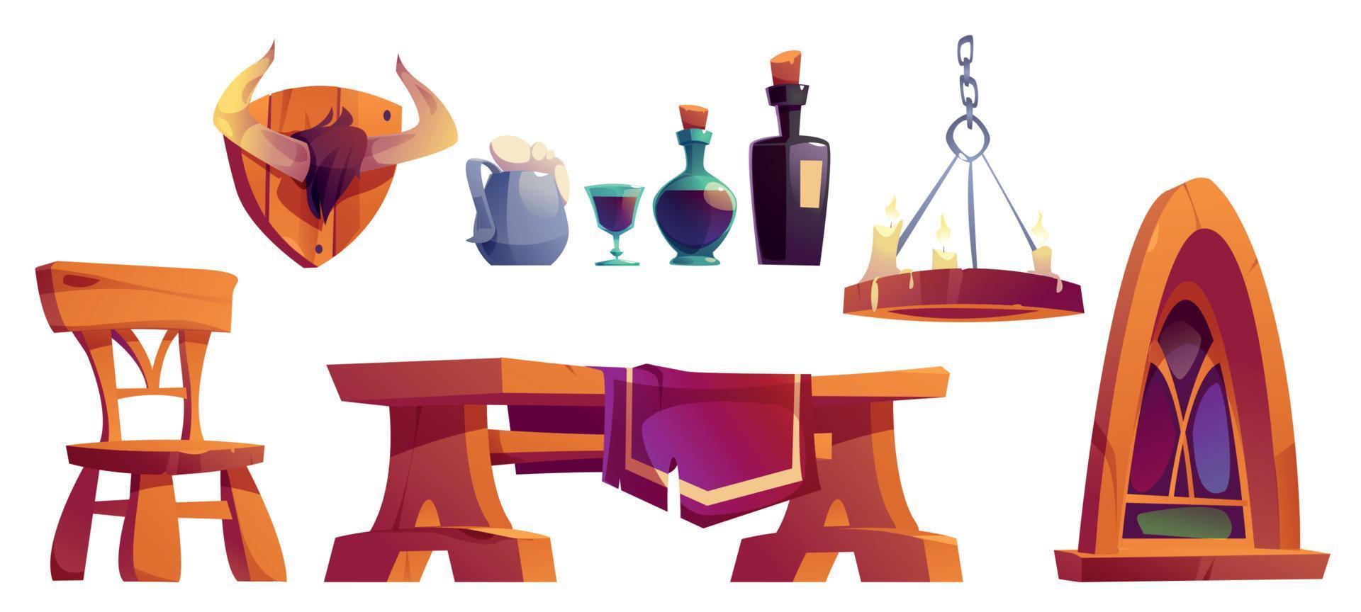 Medieval tavern furniture, wine bottles, candles vector