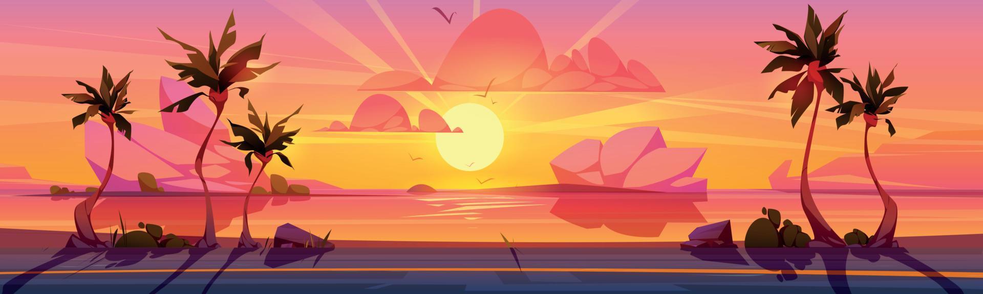 puesta de sol tropical, ilustración de dibujos animados de carreteras costeras vector