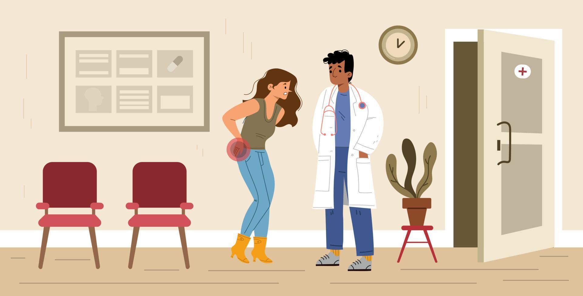 Woman with backache visit doctor in hospital hall vector