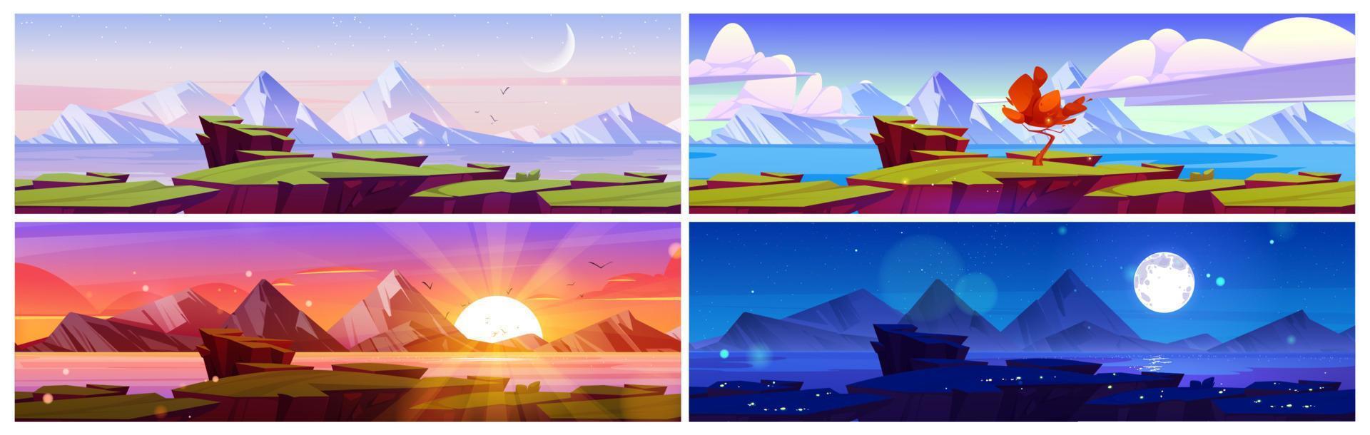 Sea or lake coast at different time of day vector