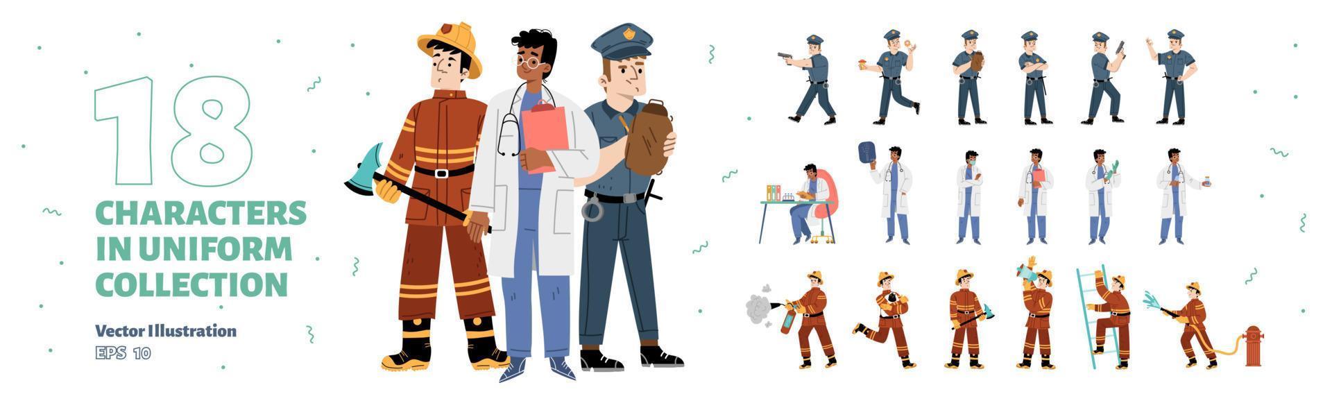 Policeman, doctor and firefighter in uniform vector