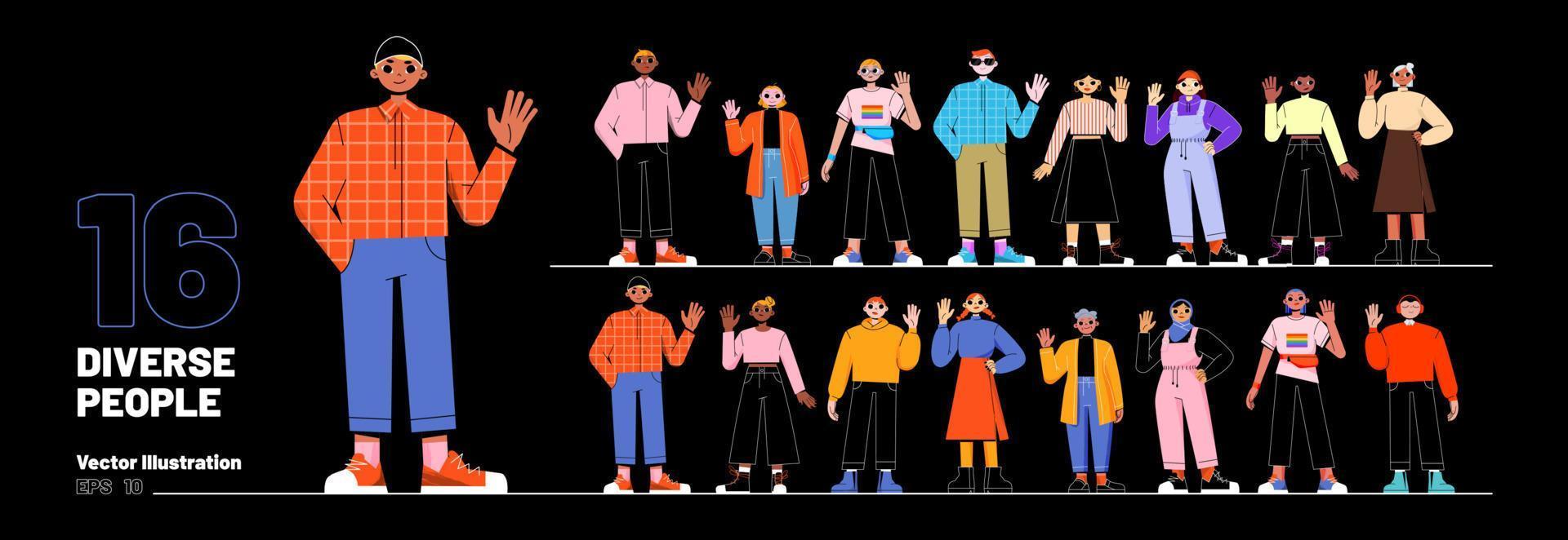 Big set of 16 diverse people isolated on black vector