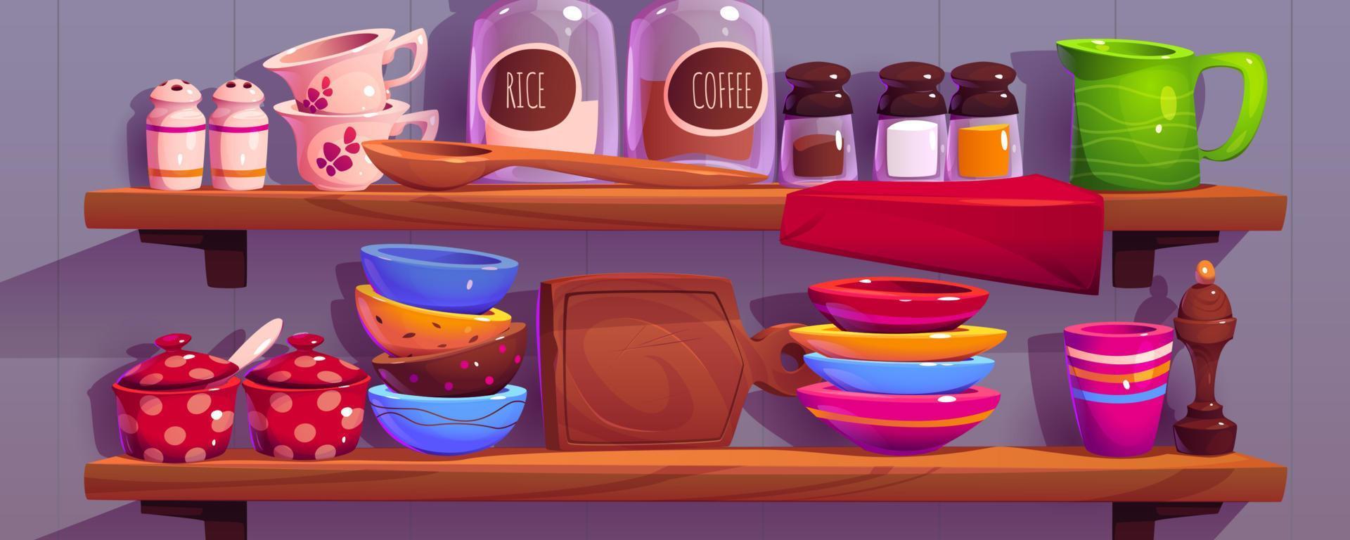 estantes de cocina con ilustración de utensilios de cocina vector