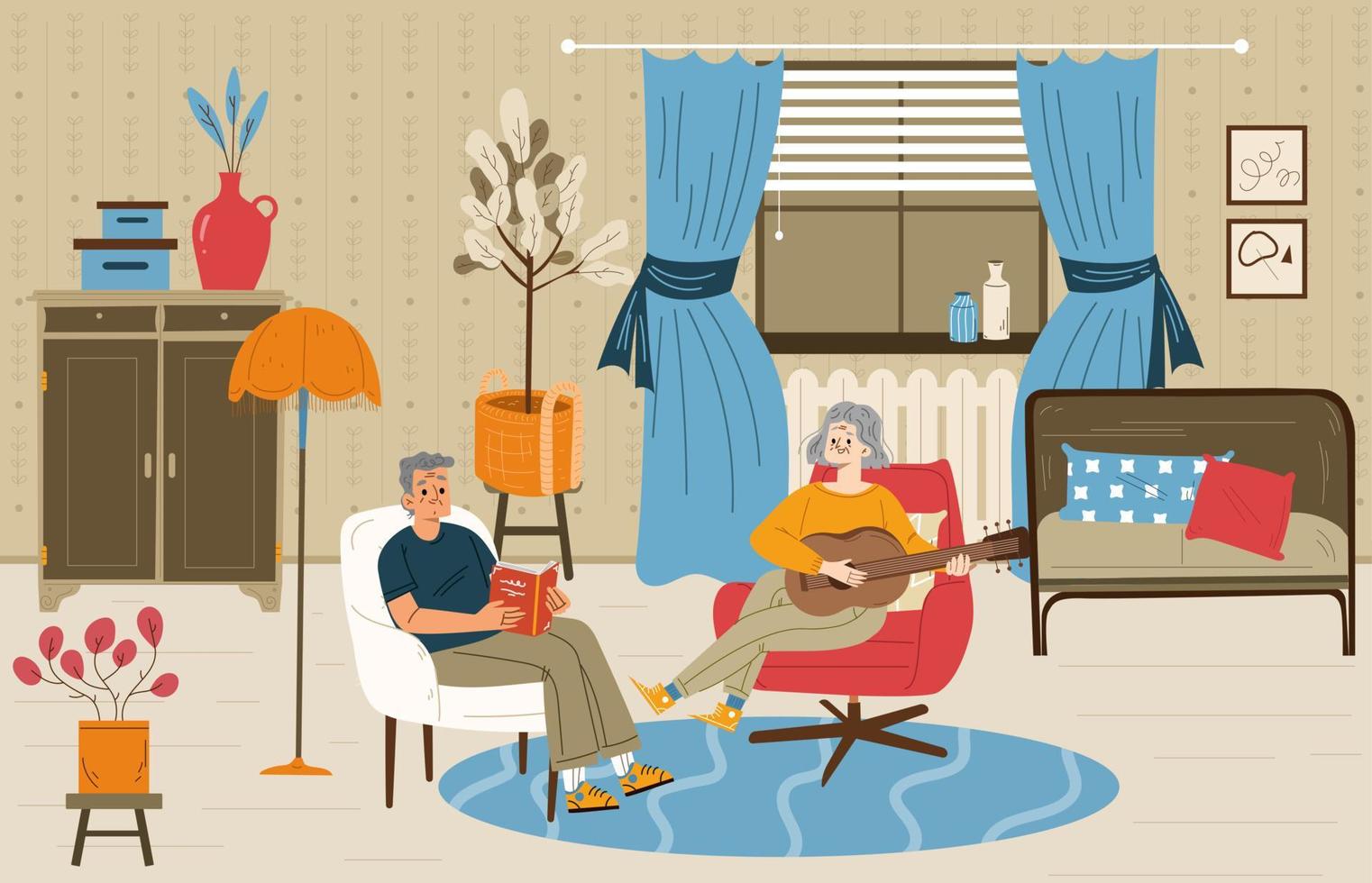Senior couple relax at home, aged man and woman vector