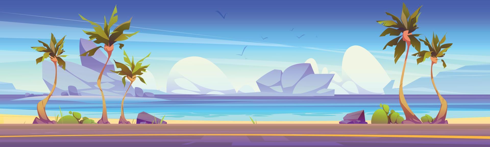 Car road on sea beach with palm trees and islands vector