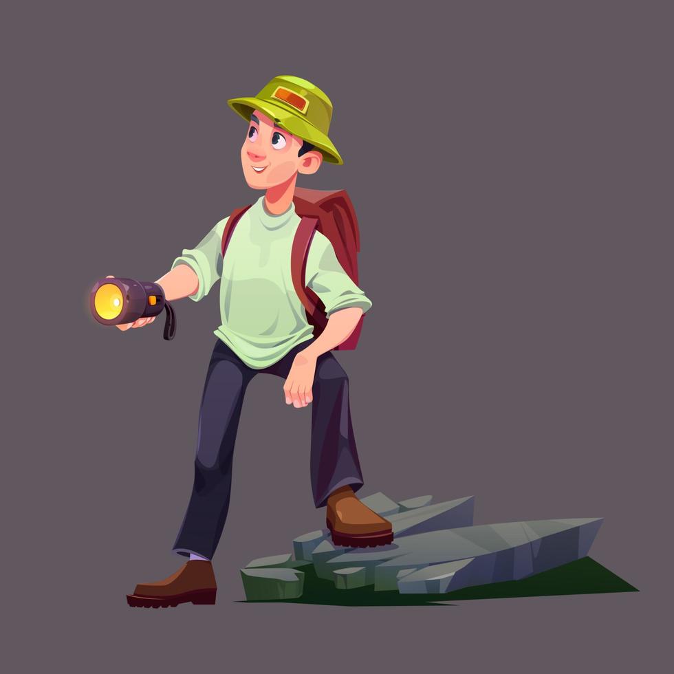 Traveler man with flashlight and backpack hiking vector