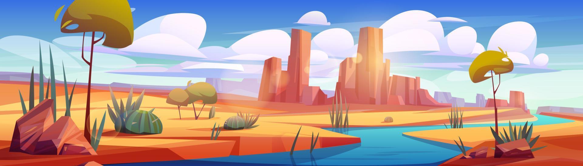 río en el desierto, hermoso paisaje de oasis vector