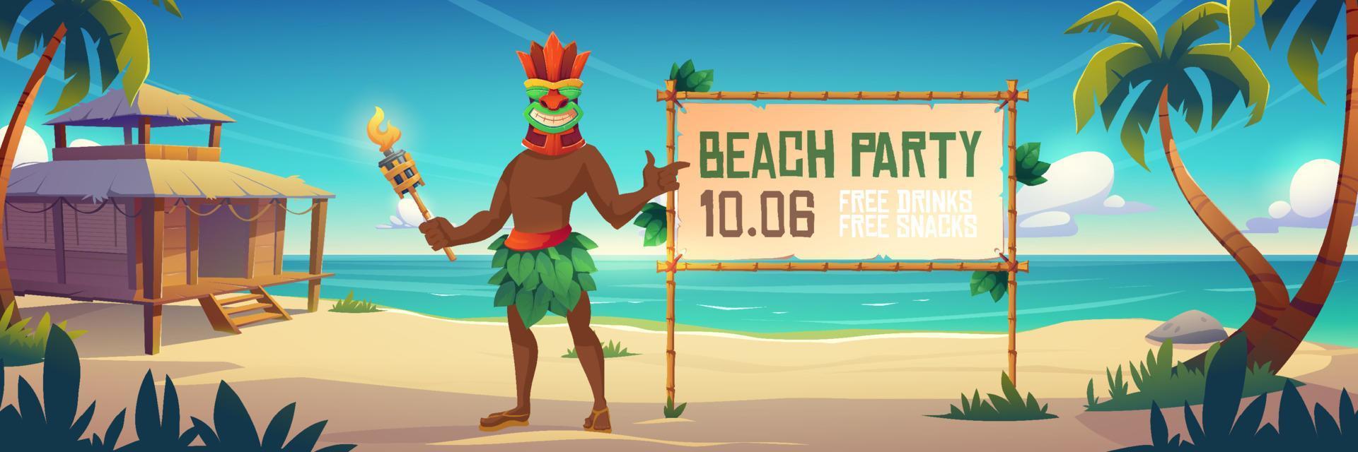 anuncio de fiesta en la playa con tiki man enmascarado vector