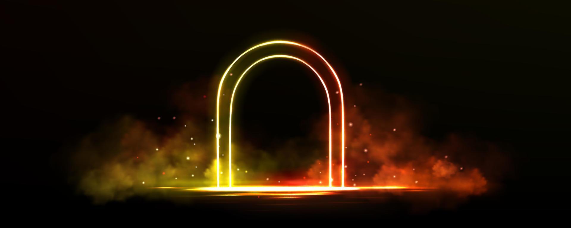 arco de neón colorido y humo sobre fondo negro vector