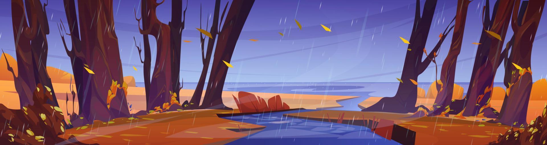 escena de otoño con árboles y río que desemboca en el mar vector