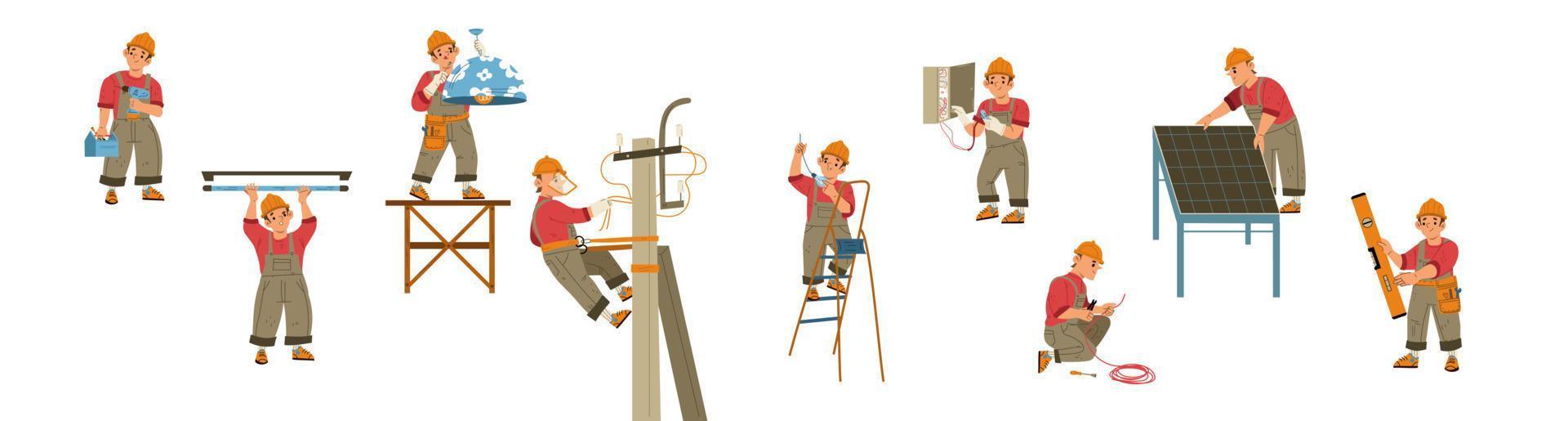 Electrician at work flat illustration set on white vector