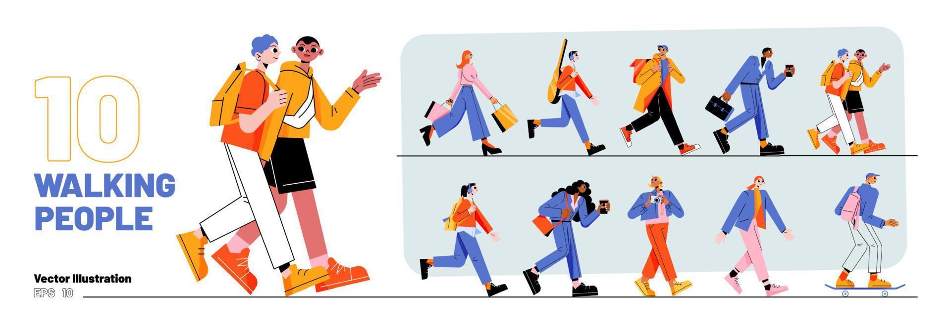 Set of walking people, diverse pedestrians walk vector