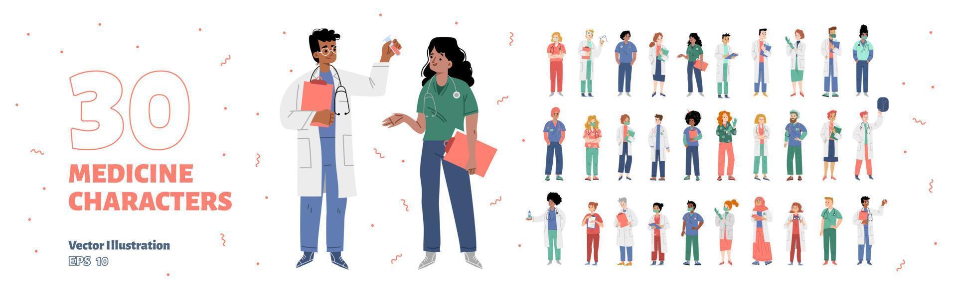 Large set of 30 medical staff characters on white vector