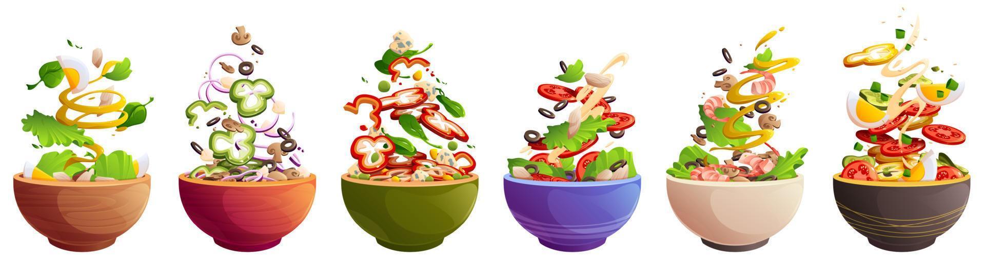 Bowls with salad, healthy food with vegetables vector