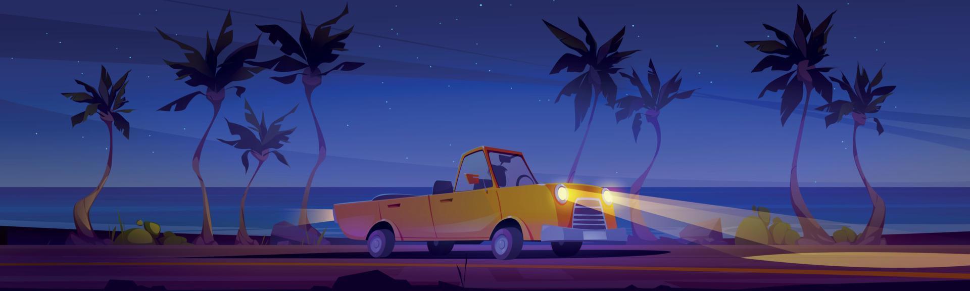 Car driving road along night beach, automobile vector