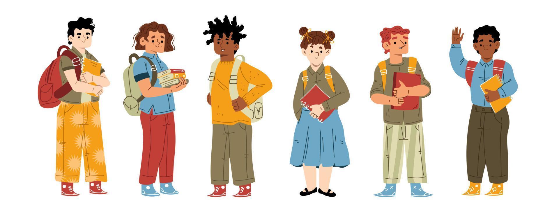Kids students or pupils with backpacks and books vector