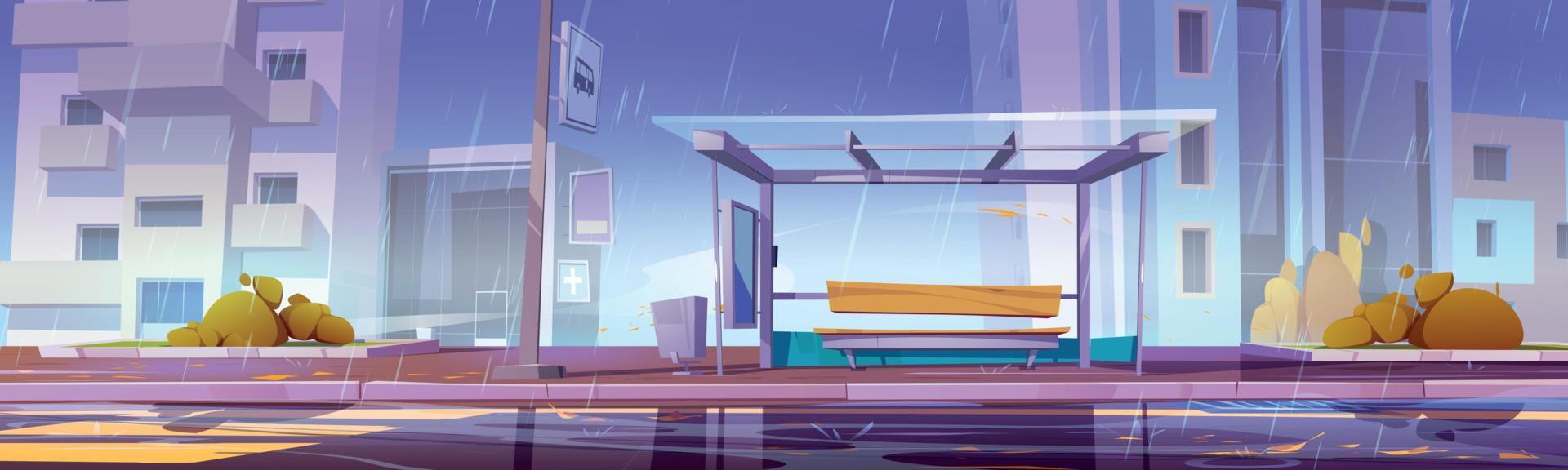 City bus stop at rainy weather, commuter station vector