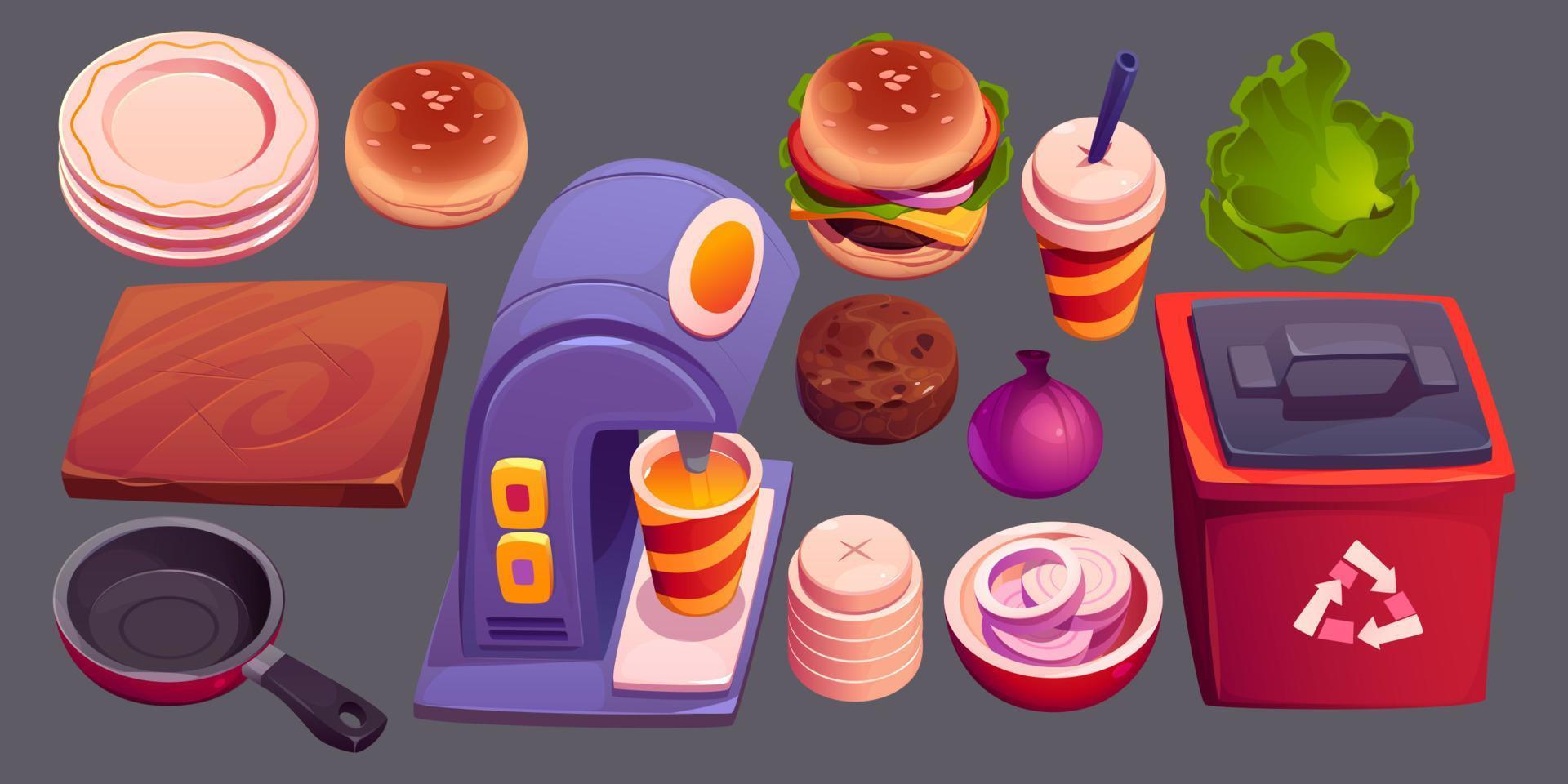 Fast food cafe stuff, ingredients and supplies vector