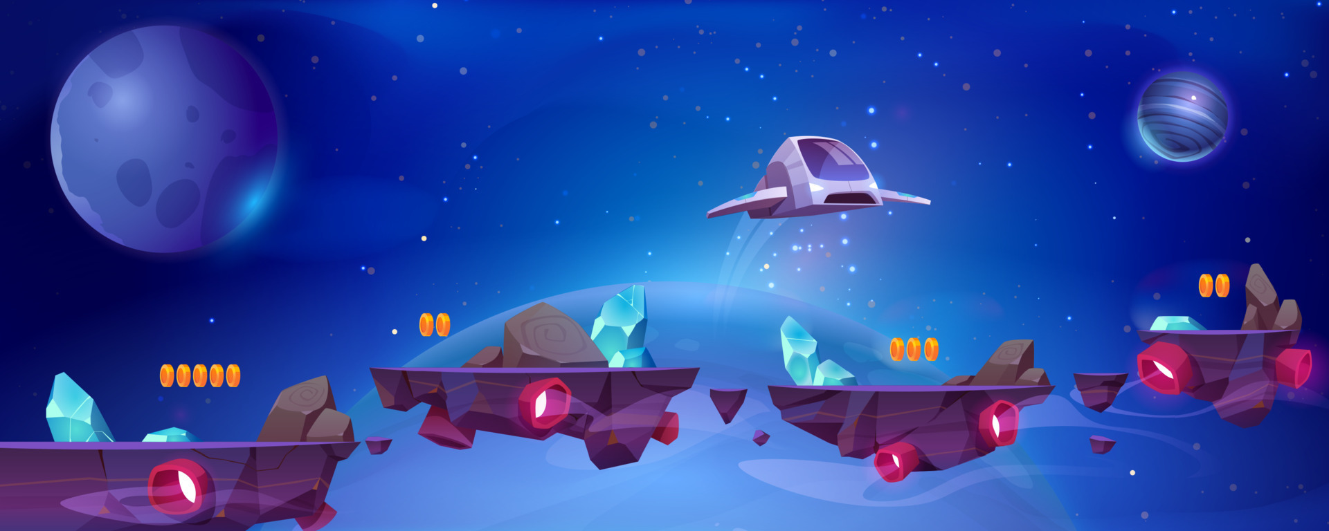 Space game background with spaceship and platforms 15918271 Vector Art at  Vecteezy