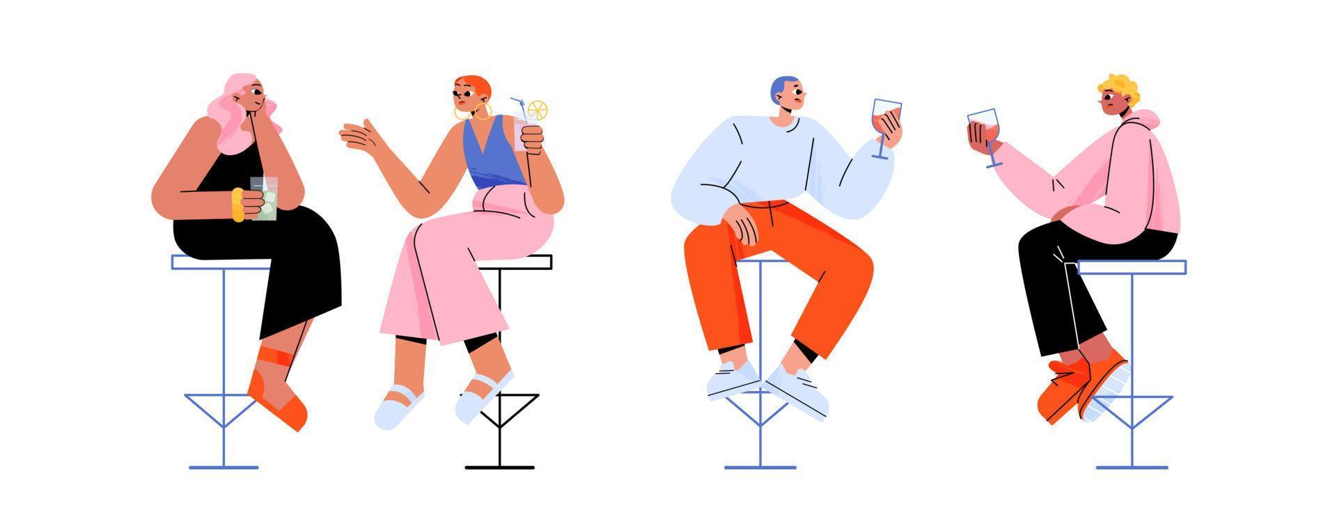 People in bar sitting on high chairs drink alcohol vector