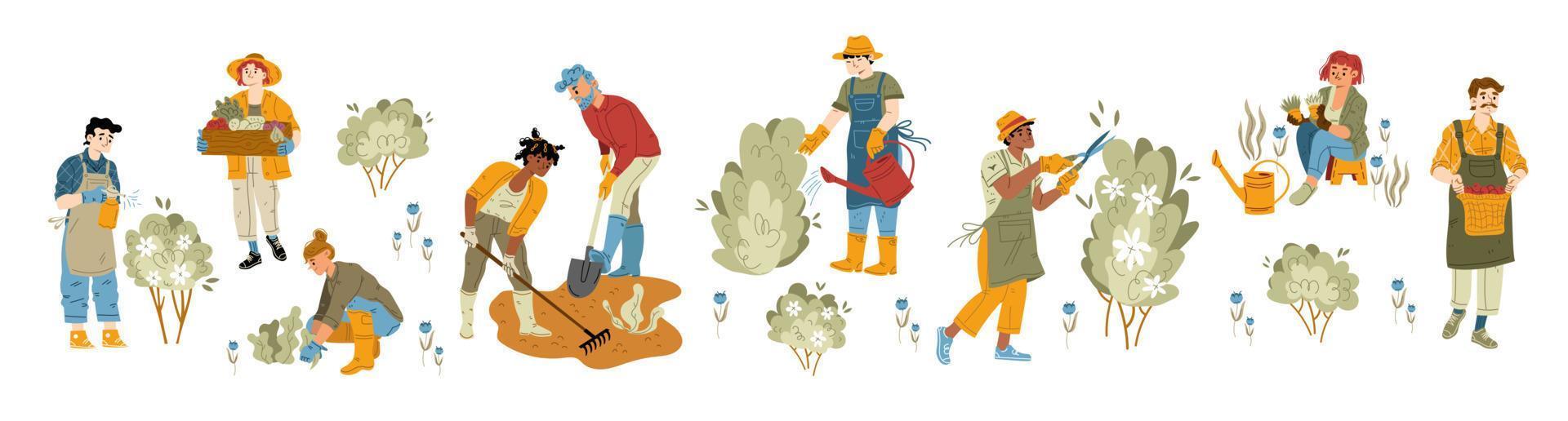 People work in garden with shovel, scissors vector