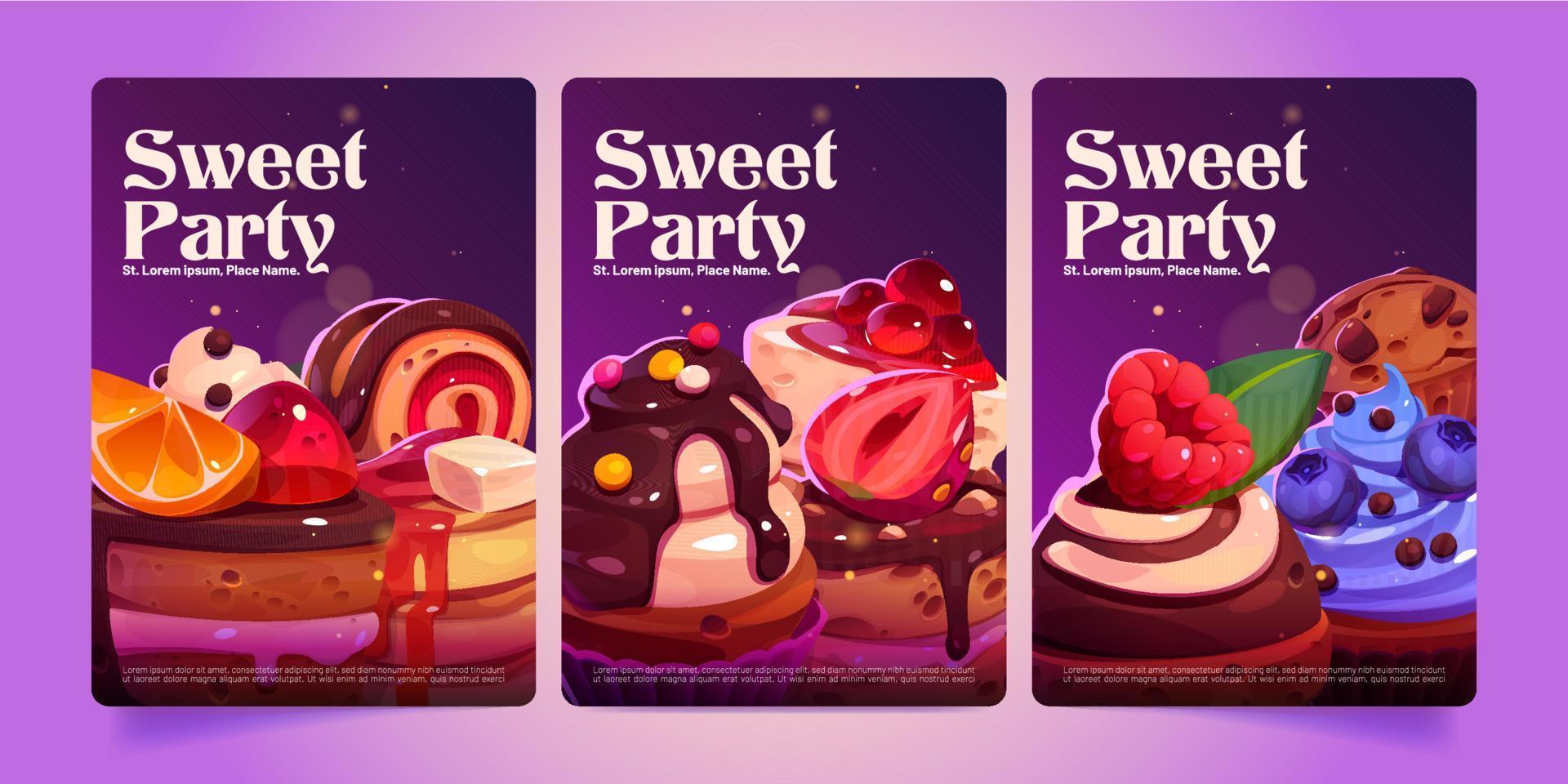 carteles de fiestas dulces, anuncios de panadería o confitería vector