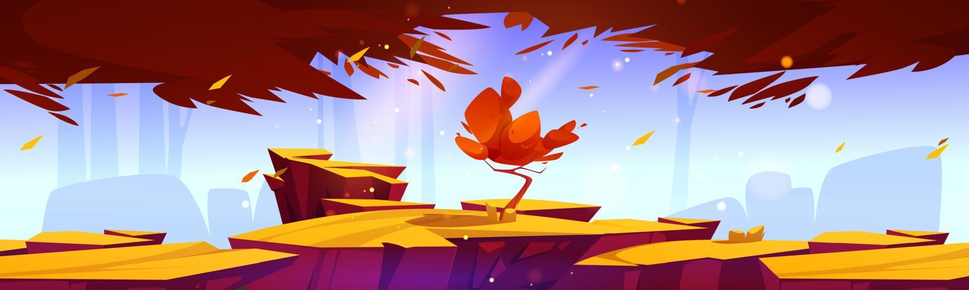 Cartoon autumn landscape lonely tree grow on rocks vector