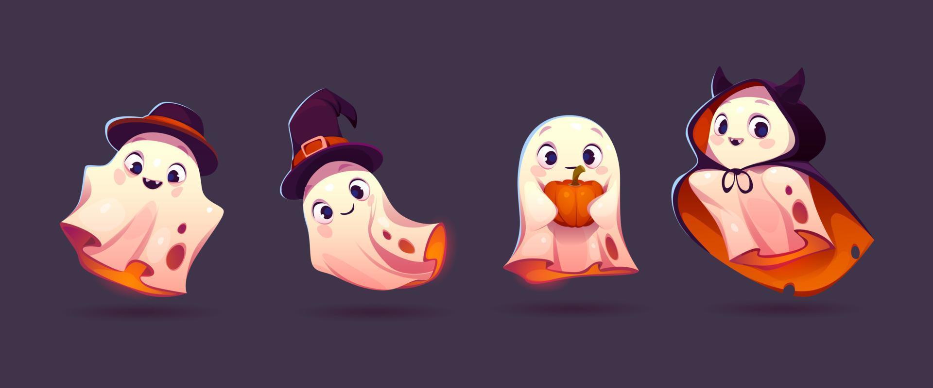 Cute ghosts, Halloween characters in witch hat vector