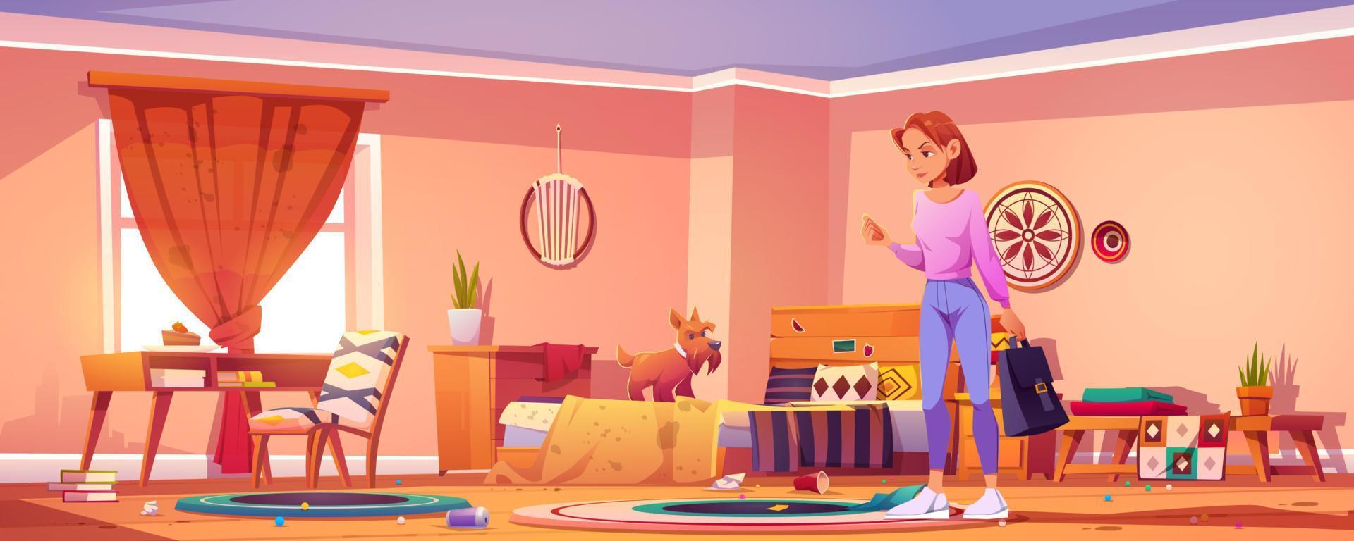 Dog and angry woman owner in dirty room vector