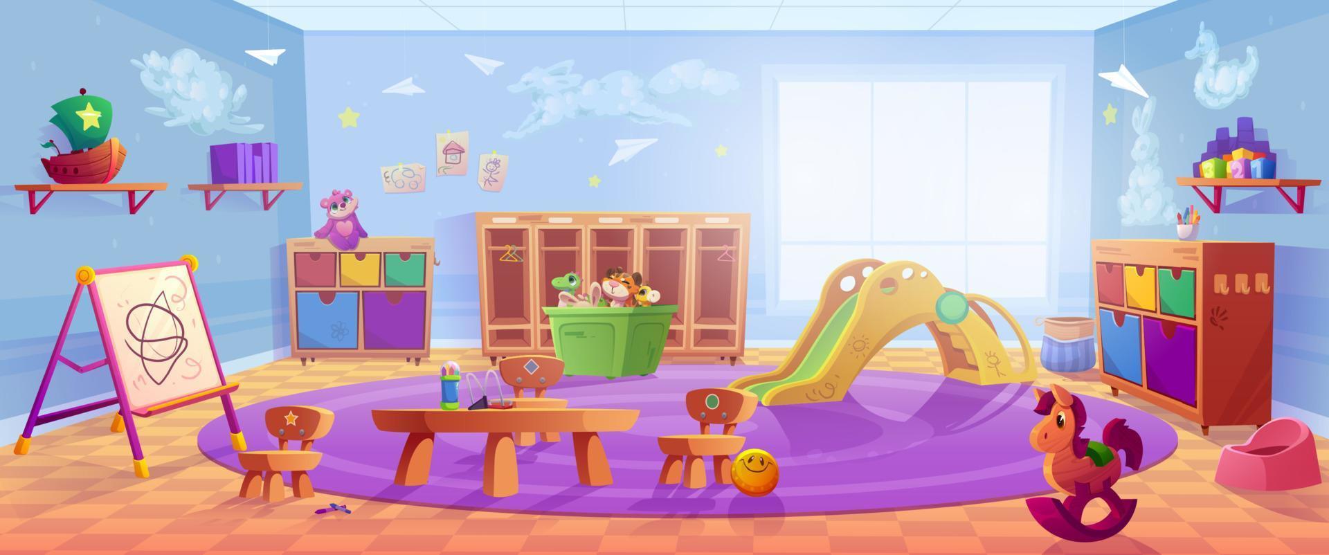 Kindergarten, nursery playroom with lockers, slide vector