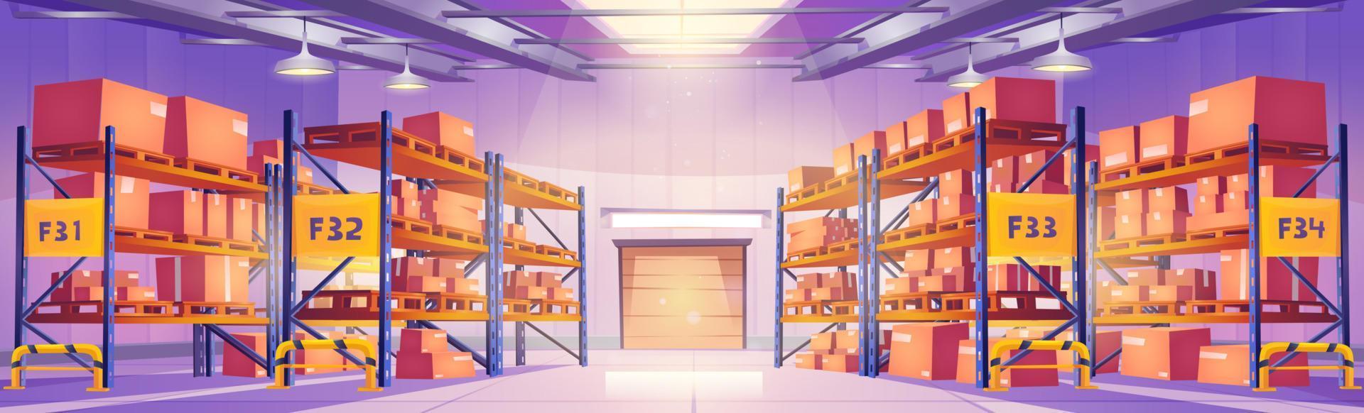 Warehouse with cardboard boxes on metal racks vector