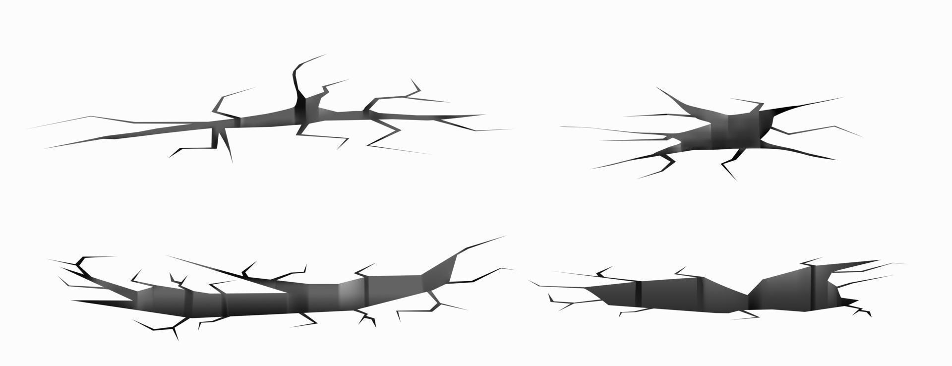 Ground cracks, earthquake cracking holes set. vector
