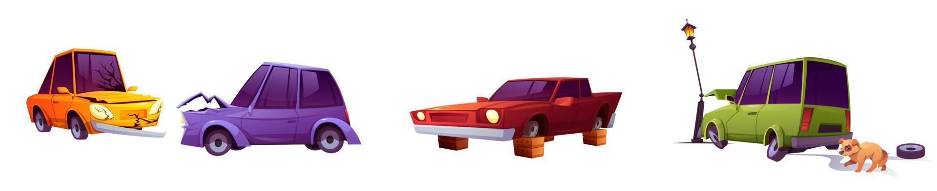 Cars damaged in road accident cartoon set on white vector
