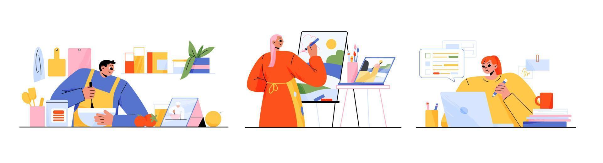 Online education, people study cookina and paint vector