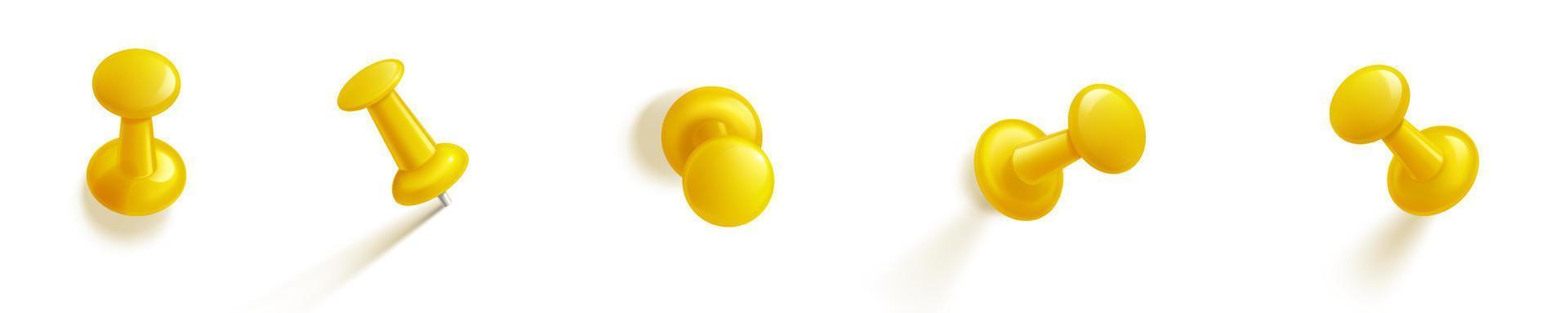 Push pins, yellow pushpin or thumbtacks vector set